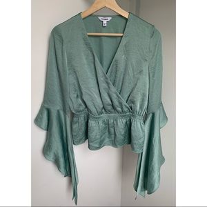 Express • S • Faux Wrap Peplum Top Cascading Flowy Sleeve